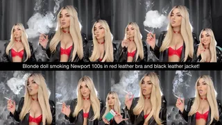 Blonde doll smoking Newport 100s in leather red bra and black leather jacket close up!