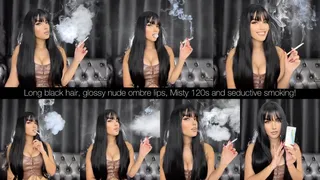 Long black hair, glossy nude lips, Misty 120s and seductive smoking!