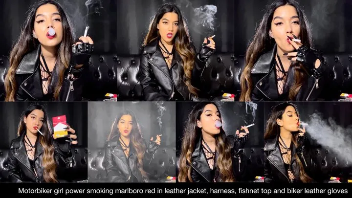 Bad girl! Motorbiker girl power smoking marlboro reds in leather jacket, biker leather gloves, harness and fishnets