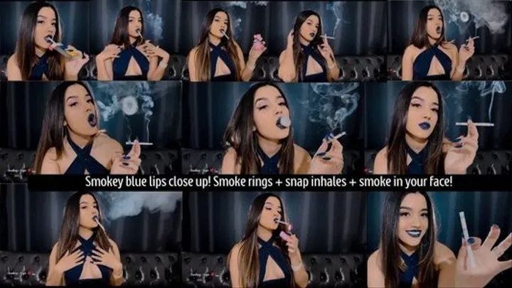 Smokey blue lips seduction close up! Smoke rings + snap inhales with a 100's all white cigarette!