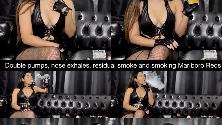 Double pumps, nose exhales, residual smoke and smoking Marlboro Reds in a sexy leather outfit with gloves