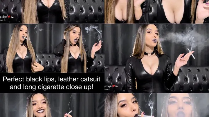 Perfect black lips, leather catsuit and long cigarette close up!