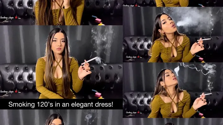 Sensually smoking 120s cigarette in an elegant olive dress!