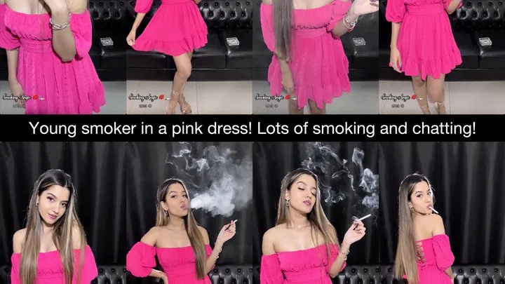 Young spoiled smoker talking about her night out while she smokes in her pink dress