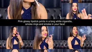 Pink glossy lipstick prints in a long white cigarette, smoke rings and smoke in your face!