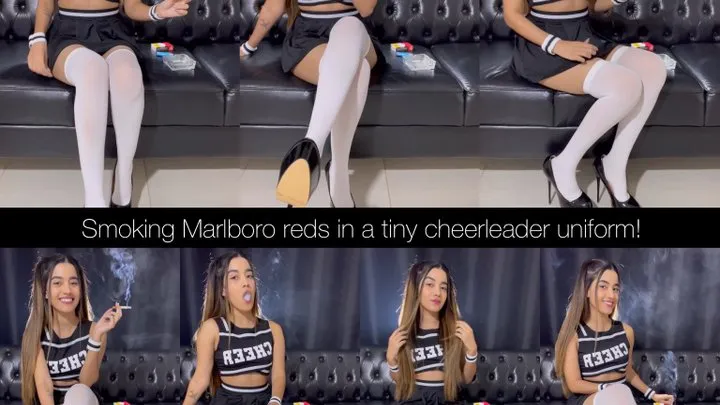 Smoking marlboro reds in a tiny cheerleader uniform, white knee high socks and pump stilettos!