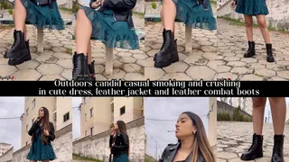 Outdoors candid casual smoking and crushing in a cute dress, leather jacket and leather combat boots!