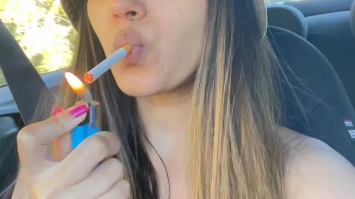 Angie in bikini smoking in the car and litter in the road