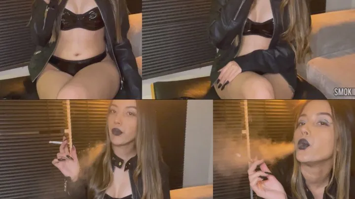 Leather jacket - leather lingerie - black lips & two cigarettes in a row (a black and a long all white)