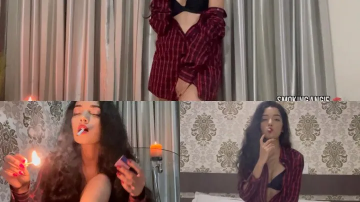 3 smoking scenes in lingerie & plaid shirt