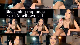 Blackening my lungs power smoking Marlboro red in a sexy black minidress - with darkside fetish talk