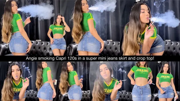 Angie smoking capri 120s in a super mini jeans skirt and crop top!