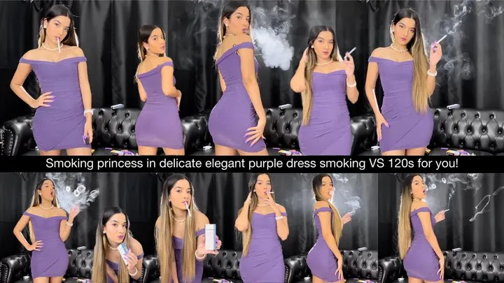 Smoking princess in delicate elegant purple dress seducing you with her VS120s smoke!