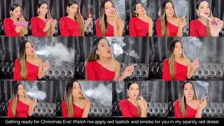 Getting ready for Christmas Eve! Watch me apply red lipstick and smoke for you in my sparkly red dress!