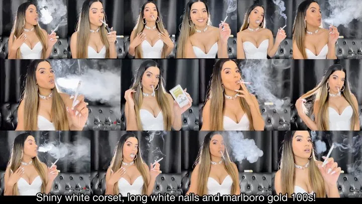 Shiny white corset, long white nails, and first time smoking Marlboro gold 100s!