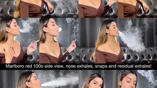 Marlboro red 100s, nose exhales, dangling, side view, residual smoke and snaps