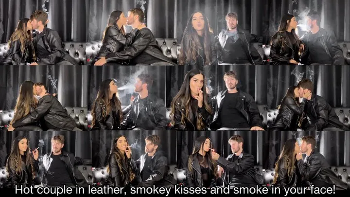 Hot couple in leather, smokey kisses and smoke in your face!