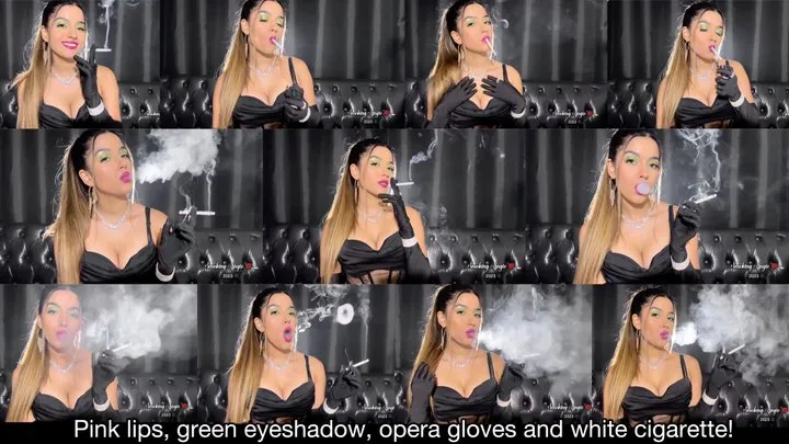 Pink lips, green eyeshadow, ponytail, opera gloves, black minidress and white cigarette!