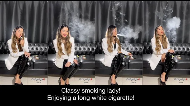 Classy smoking lady enjoying a 100s white cigarette and teasing you!