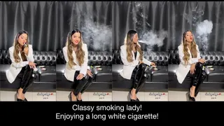 Classy smoking lady enjoying a 100s white cigarette and teasing you!