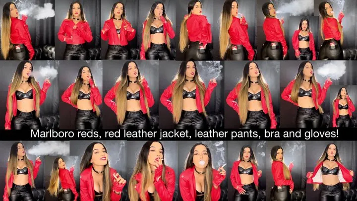 Smoking Marlboro Red in red leather jacket, red leather biker gloves black leather bra and black tight leather pants