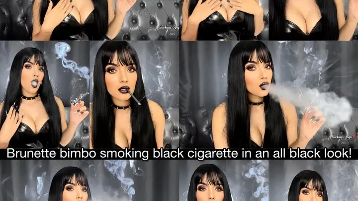 Brunette Bimbo smoking black cigarettes in leather top, black lips, black smokey eyes and long nails!