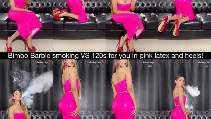 Bimbo Barbie smoking Virginia Slims 120s in a pink latex outfit and red high heels!