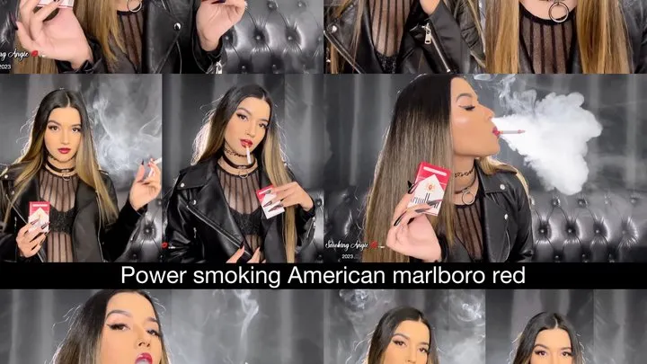 5 pumps - Angie power smoking american marlboro red in a sexy top and leather jacket!