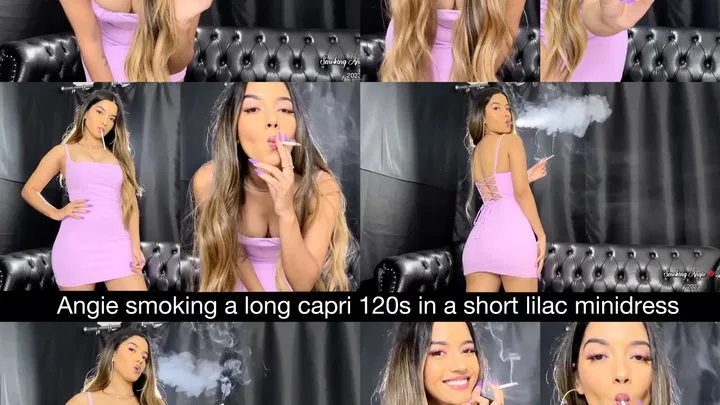 Angie smoking a long capri 120s in a short lilac minidress