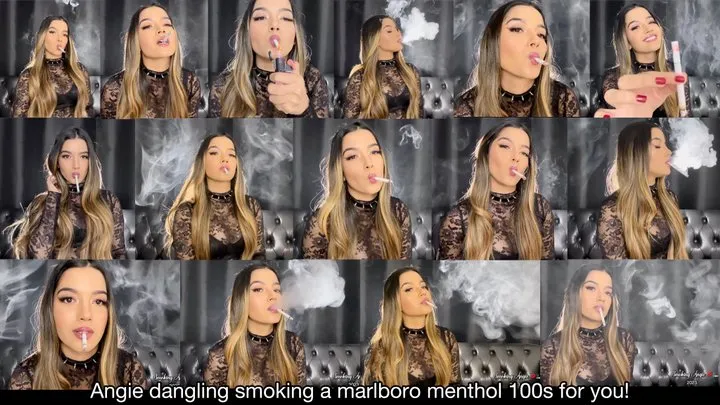 Angie dangling smoking a marlboro menthol 100s for you wearing a black lace top! Includes dark side talk.