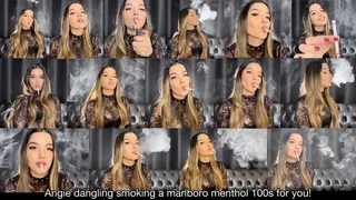 Angie dangling smoking a marlboro menthol 100s for you wearing a black lace top! Includes dark side talk.