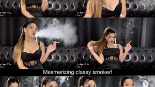 Mesmerizing classy smoker in a black dress, elegant makeup and ponytail