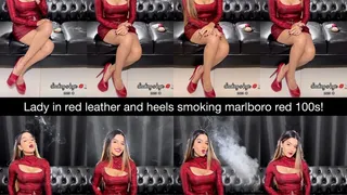 Lady in red! Smoking marlboro red 100s in a red snake skin leather minskirt and top and red leather pump stilettos!