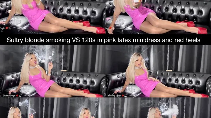 Sultry blonde smoking Virginia Slims 120s in a pink latex minidress, suntan pantyhose and red high heels!