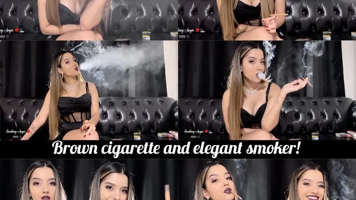 Brown cigarette and elegant smoker in a black minidress!