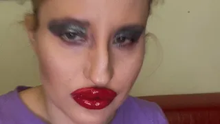 Transformation into big red lips bimbo