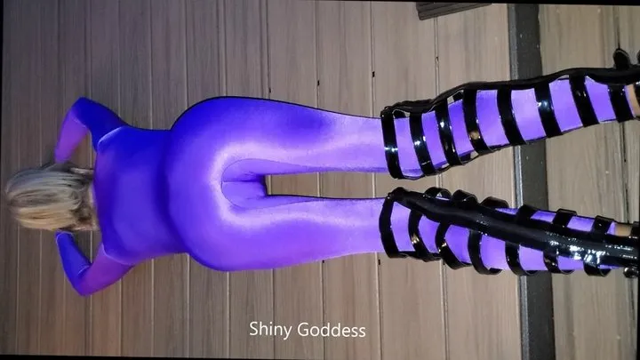 Shiny Purple Catsuit with Shiny Black PVC Boots