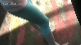 Handjob in aqua leggings white pointy knee boots A