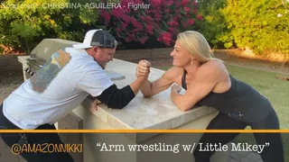 Powerful AMAZON goes 1 and 1 in PUBLIC arm wrestling match with little wannabe biker Mikey! Intense! Bonus footage!