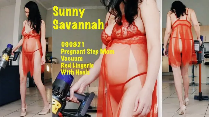 090821 - Pregnant Stepmom Vacuum Wearing Red Lingerie With Heels