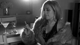 Smoking all white 120s wearing fur in black and white - mp4