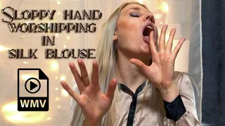 Sloppy hand worshipping in silk blouse