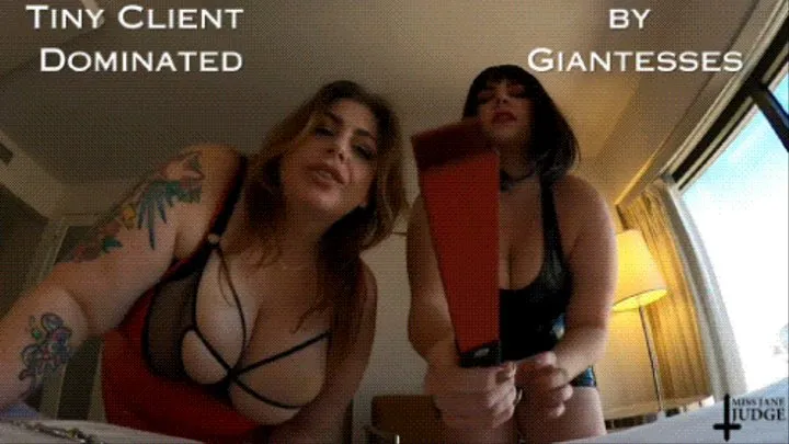 Tiny Client Dominated by Giantesses - - A BDSM Fantasy featuring Megan Daw and Jane Judge with Tiny Man POV with Restraints, Cages, BBW Ass and Boobs in Shiny Dresses Double Female Domination