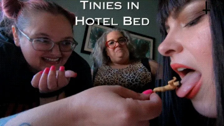 Tinies in Hotel Bed! - with Sara Star, Miss Devora Moore, and Jane Judge in an unaware giantess film ft stomping, boots, vore, and BBW boob smushing tiny man POV