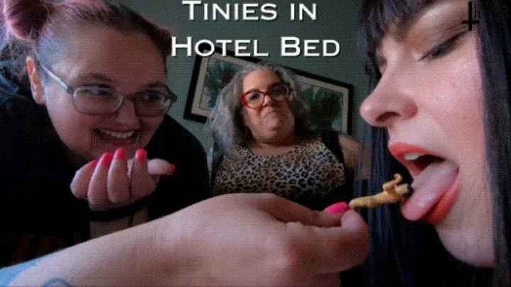 Tinies in Hotel Bed! - with Sara Star, Miss Devora Moore, and Jane Judge in an unaware giantess film ft stomping, boots, vore, and BBW boob smushing tiny man POV