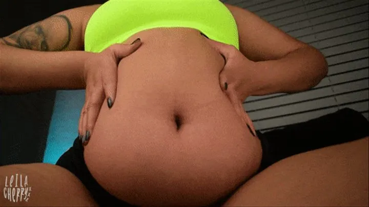 Bloated Belly Spills Out Of Tight Shorts ( )