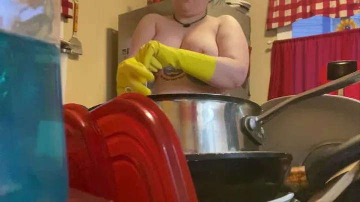 TOPLESS tattooed SLUT washing dishes