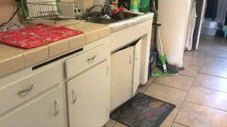 Stilton washes dishes in bare feet