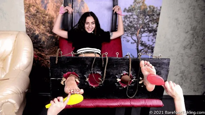 Masked tickling maniac Vera attacks napping Hanna and tickles her soft feet (Full & Backstage)