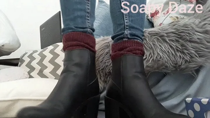 Study friend takes off boots and socks, up close tease!